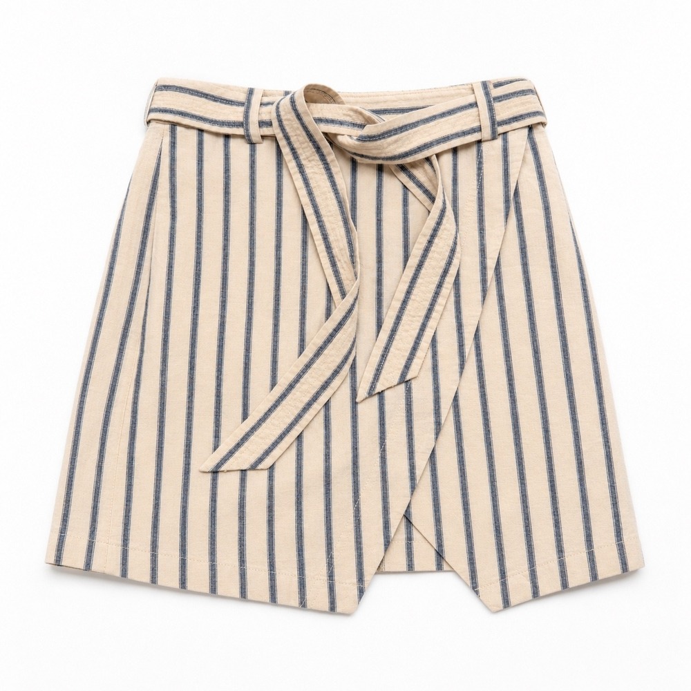 Madewell Cream Blue Striped Faux Wrap Mini Skirt with Tie Waist Size 2 Linen New